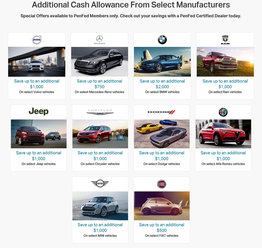 PenFed Benefits Up to 2000 AUDI MB FCA JEEP (usually 500 towards