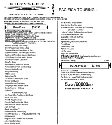 2019 pacifica lease deals