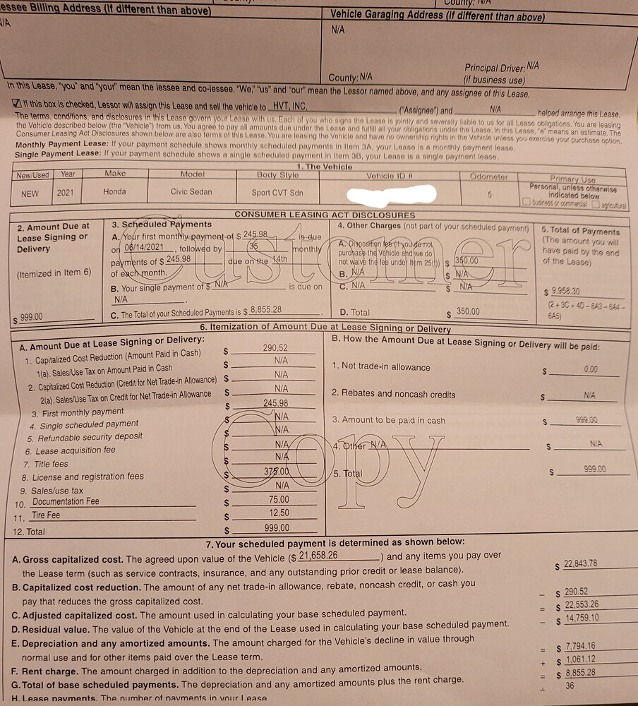 Signed 2021 Honda Civic Sport 36 12k Share A Deal Leasehackr Forum