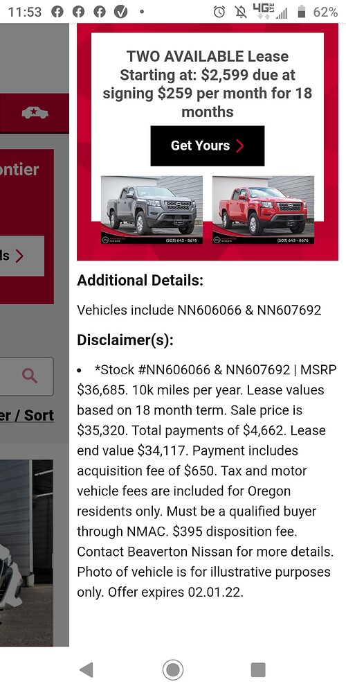 2022 Nissan Frontier S 18month 10k lease 195 a month 195 DAS Share