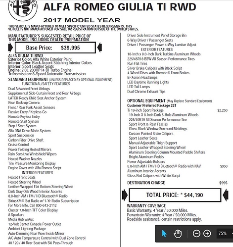 Closed 2017 Alfa Romeo Giulia Ti Sport Rwd 44k Msrp