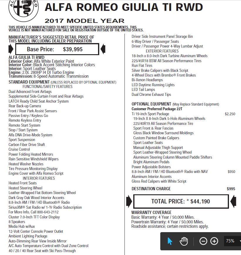 Closed 2017 Alfa Romeo Giulia Ti Sport Rwd 44k Msrp