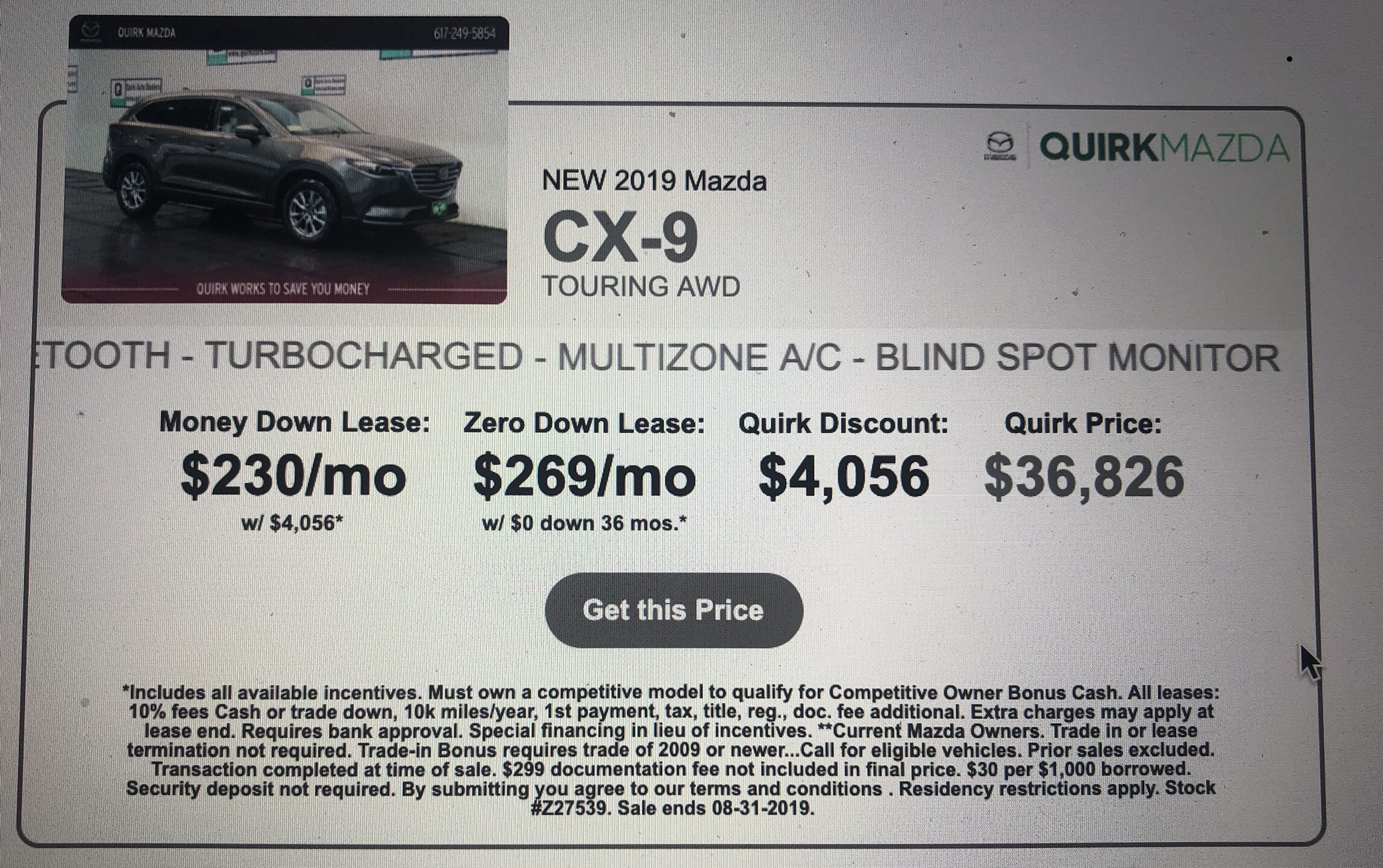 2019 Mazda CX9 Touring w/Premium Package 270/month + tax (Boston